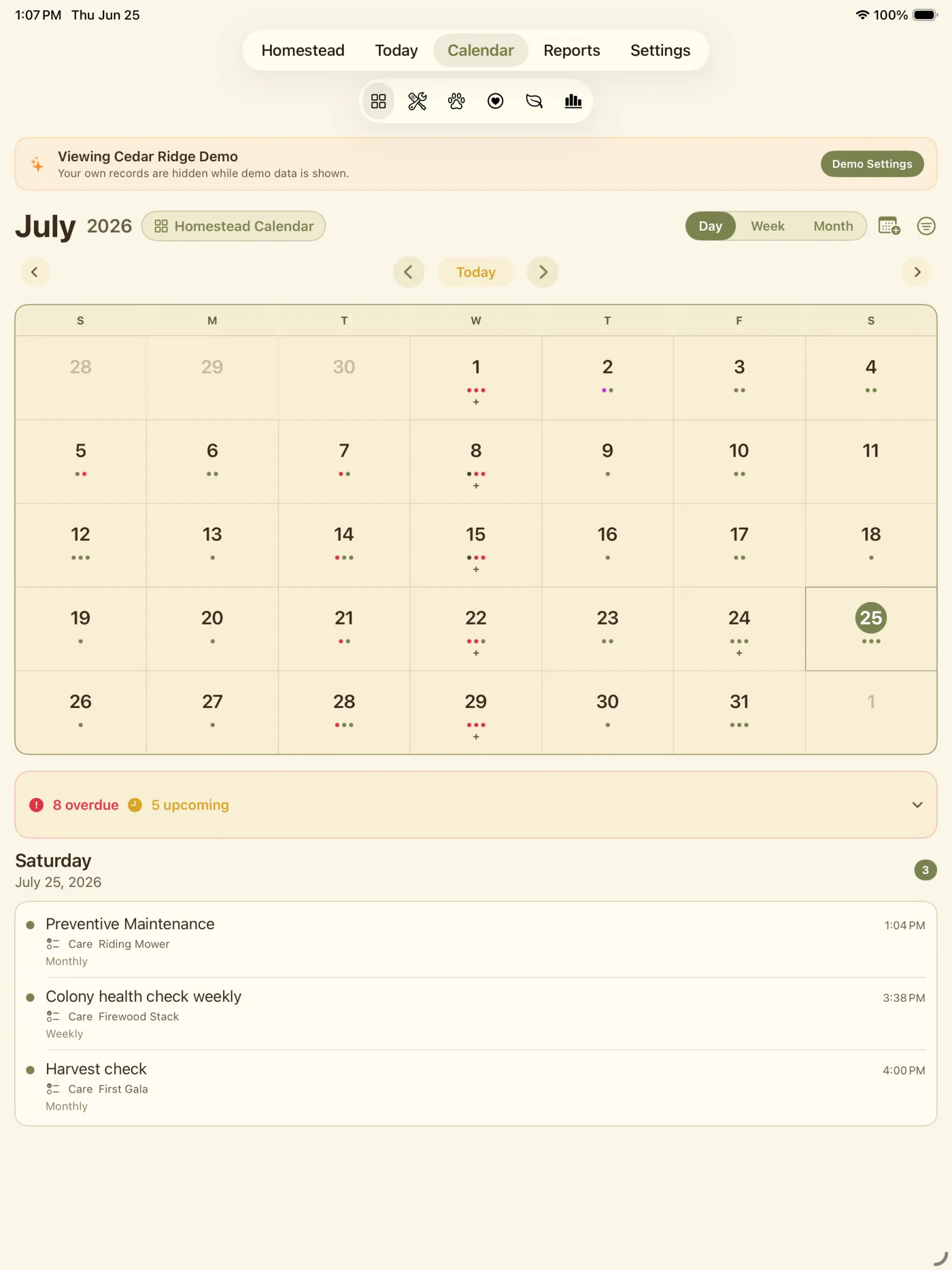 Calendar month view showing equipment checklist tasks and maintenance work.